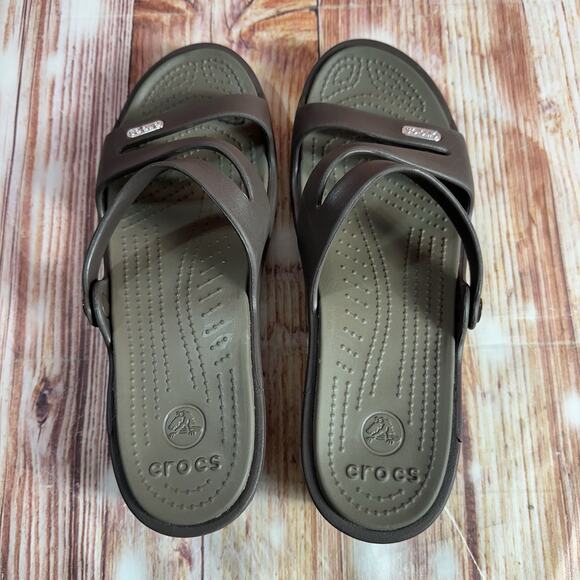 Crocs PATRICIA Size 8 Brown Low Wedge Heel Triple 3 Strap Slides Sandals Shoes - Picture 5 of 9